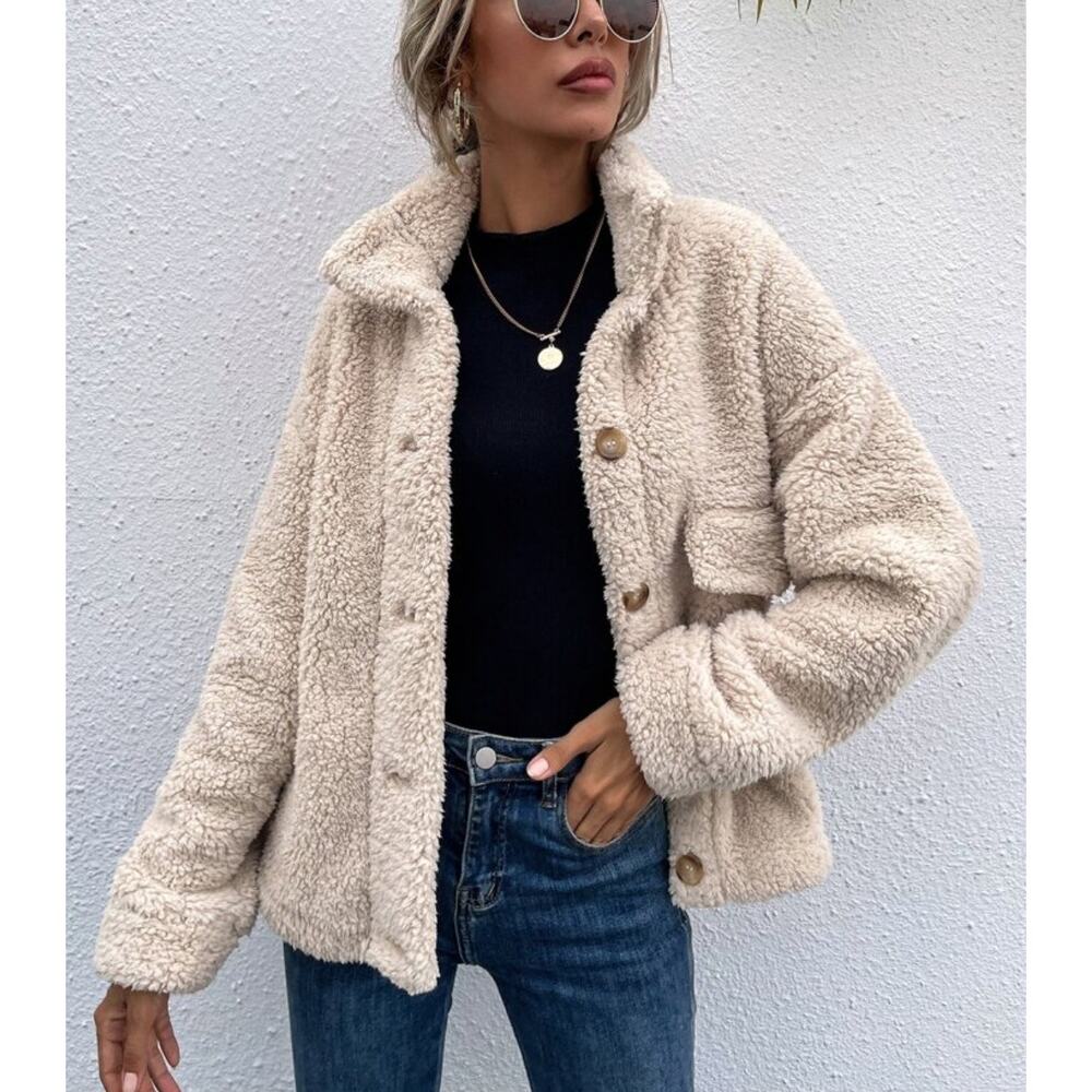 SHEIN Essnce Drop Shoulder Stand Collar Teddy Jacket Cream Fleece Sz M